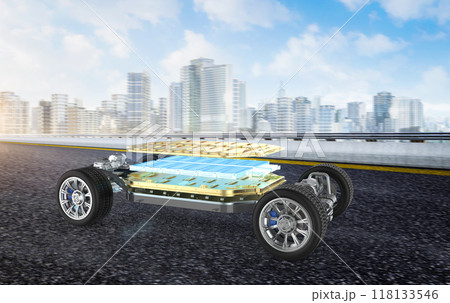 Ev car or electric vehicle with cityscape background Ev car or electric vehicle with cityscape background 118133546