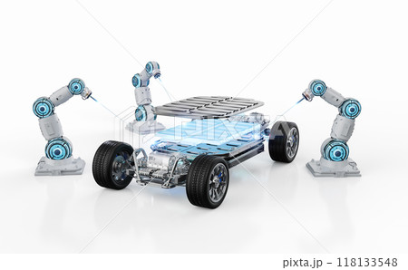 Robot assembly line with electric car battery cells module on platform Robot assembly line with electric car battery cells module on platform 118133548