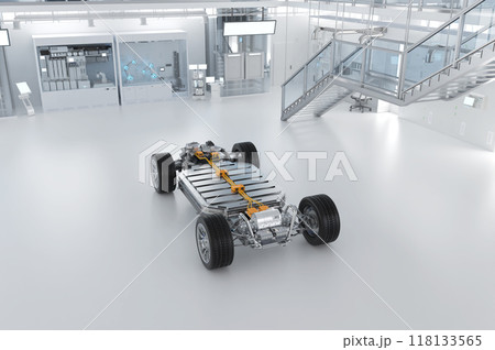 Ev car with pack of battery cells module on platform in laboratory 118133565