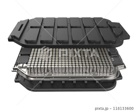 Exploded view of black ev battery pouch with cylindrical cells 118133600