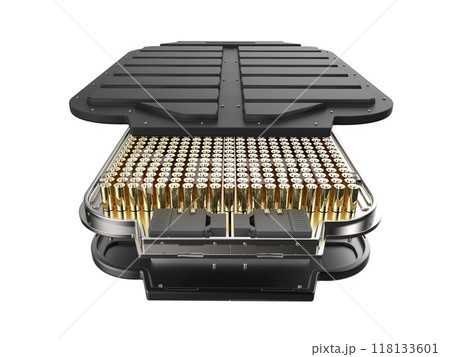 Exploded view of black ev battery pouch with cylindrical cells 118133601