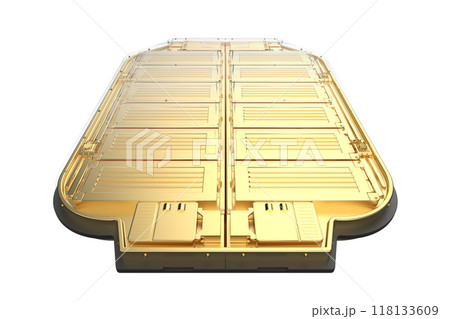 Golden electric vehicle battery or pack of lithium-ion pouch cells module isolated on white Golden electric vehicle battery or pack of lithium-ion pouch cells module isolated on white 118133609
