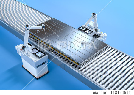 Rechargeable li-ion battery produced by robotic arm 118133616