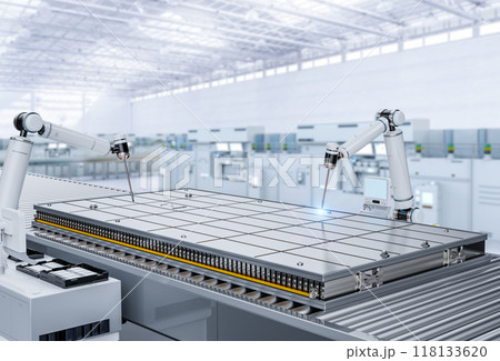 Rechargeable li-ion battery produced by robotic arm 118133620