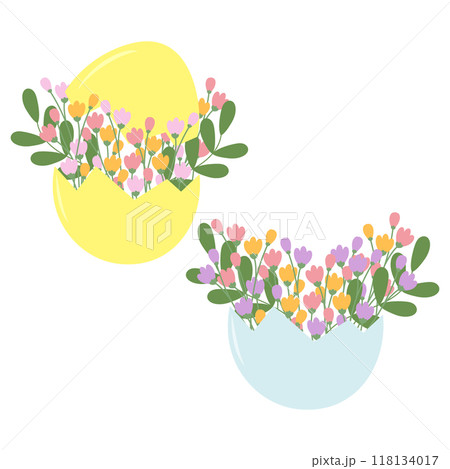 Egg shell with colorful flowers and twigs bouquet. Set of 2 spring or Easter composition Isolated Egg shell with colorful flowers and twigs bouquet. Set of 2 spring or Easter composition Isolated 118134017