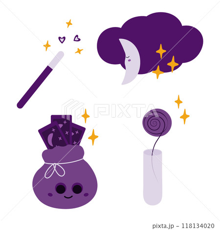 Magic wand, cloud with crescent, flower in test tube and Tarot cards Cute magic characters Set of 4 Magic wand, cloud with crescent, flower in test tube and Tarot cards Cute magic characters Set of 4 118134020