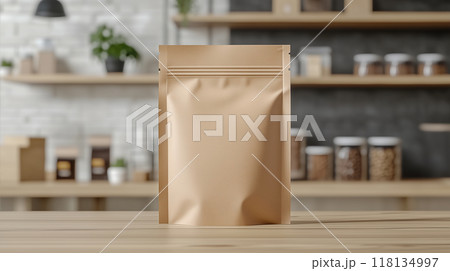 茶色の食品用ジップ袋のモックアップとミニマリスト風店舗の陳列棚をリアルに描いたAI生成画像 茶色の食品用ジップ袋のモックアップとミニマリスト風店舗の陳列棚をリアルに描いたAI生成画像 118134997