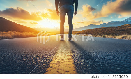 ひとりの男性が果てしなく続く道のスタートに立っている姿をリアルに描いたAI生成画像 118135020