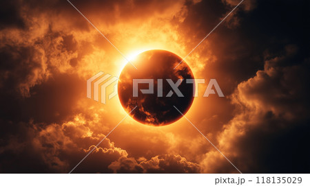 太陽の皆既日食とコロナ炎の立ち上る様子を妖しい雰囲気でリアルに描いたAI生成画像 太陽の皆既日食とコロナ炎の立ち上る様子を妖しい雰囲気でリアルに描いたAI生成画像 118135029