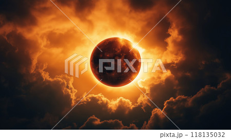 太陽の皆既日食とコロナ炎の立ち上る様子を妖しい雰囲気でリアルに描いたAI生成画像 太陽の皆既日食とコロナ炎の立ち上る様子を妖しい雰囲気でリアルに描いたAI生成画像 118135032