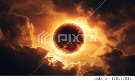 太陽の皆既日食とコロナ炎の立ち上る様子を妖しい雰囲気でリアルに描いたAI生成画像 太陽の皆既日食とコロナ炎の立ち上る様子を妖しい雰囲気でリアルに描いたAI生成画像 118135033