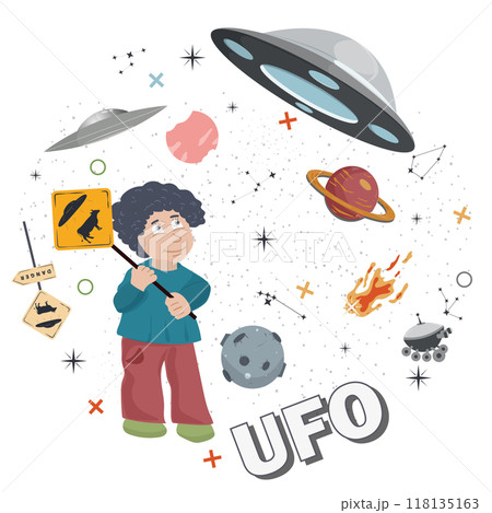 A child boy with a warning sign looks at a UFO a round flat illustration of a childrens doodle 118135163