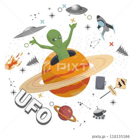 An alien appears from a planet with rings a round flat illustration of a childs doodle 118135166