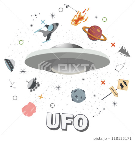 Ufo flying in space among the planets round flat illustration childrens doodles 118135171
