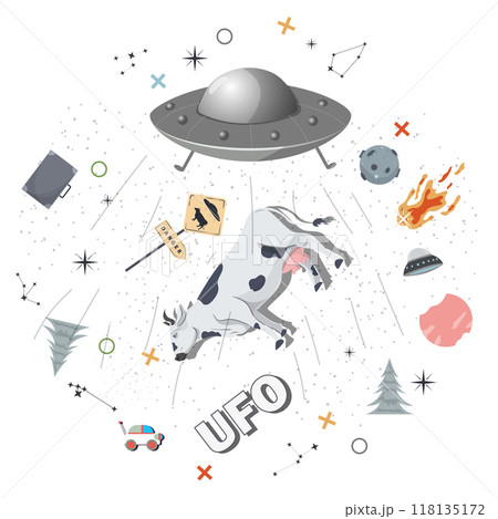 Ufo kidnaps a cow round flat illustration of childrens doodles 118135172