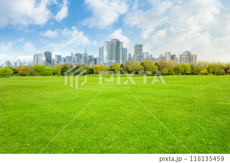 Smart city or high rise building cityscape with empty green park 118135459