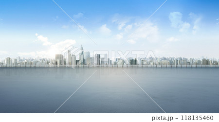 Urban city against with seascape and cloudy blue sky 118135460
