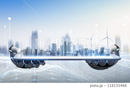 Ai robot in development city and digital network connection Ai robot in development city and digital network connection 118135466