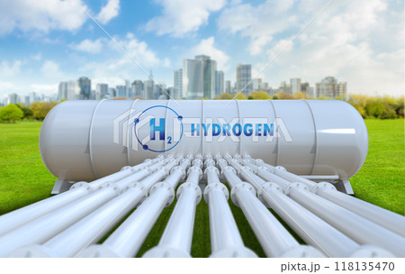 Hydrogen pipeline with tank in cityscape background Hydrogen pipeline with tank in cityscape background 118135470