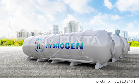Hydrogen storage system on cityscape background 118135471
