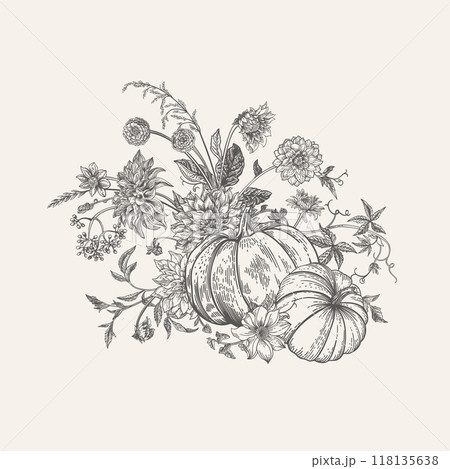 Composition with pumpkins and flowers B&W 118135638