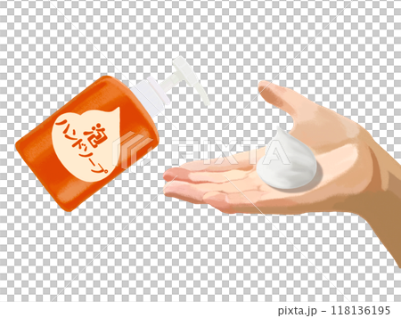 Hand soap, hands and foam (orange) with text Hand soap, hands and foam (orange) with text 118136195