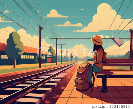 小さな駅のホームで電車を待っている女子旅人 小さな駅のホームで電車を待っている女子旅人 118136510