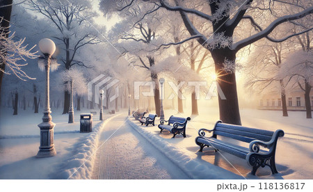 雪が降る公園のベンチ 118136817