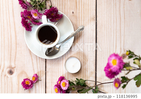Festive autumn decor from pumpkins, berries and leaves on a white wooden background. Concept of Thanksgiving day or Halloween. Flat lay autumn composition with copy space. 118136995