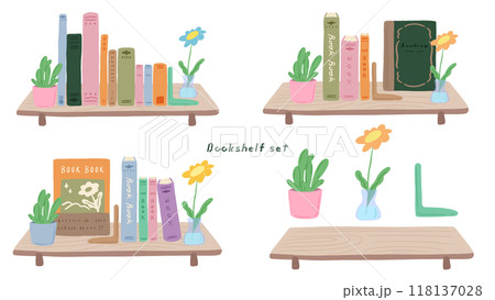 本棚に並んだ本と植物のセット、かわいい手描きのイラスト 118137028