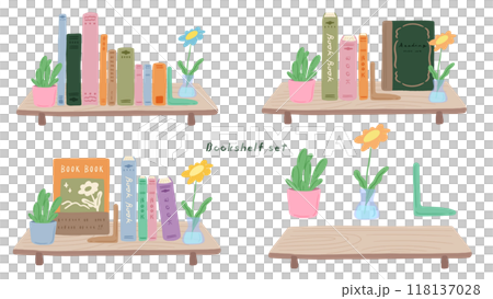 書架上排列著一套書籍和植物，可愛的手繪插圖 118137028