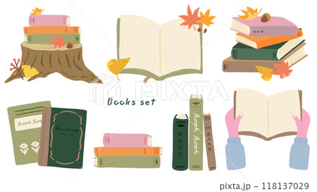 秋、手で本を持つ、積み重なった本のセット、かわいい手描きのイラスト 秋、手で本を持つ、積み重なった本のセット、かわいい手描きのイラスト 118137029