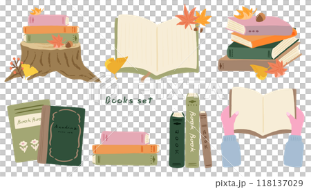 秋天，手裡拿著書，一套堆放的書，可愛的手繪插圖 118137029