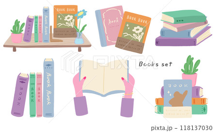 本のセット、本棚や積み重なった本、ネイルをした手で本を持つ、かわいい手描きのイラスト 本のセット、本棚や積み重なった本、ネイルをした手で本を持つ、かわいい手描きのイラスト 118137030