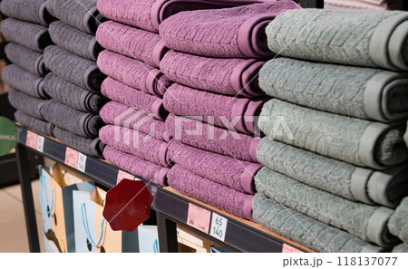 Multi colors Stack of bath towels. towels in a stack on the shelves in the supermarket. family shopping. 118137077