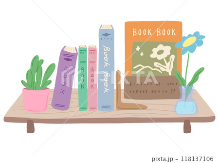 本棚に並んだ本と鉢植え、かわいい手描きのイラスト 118137106
