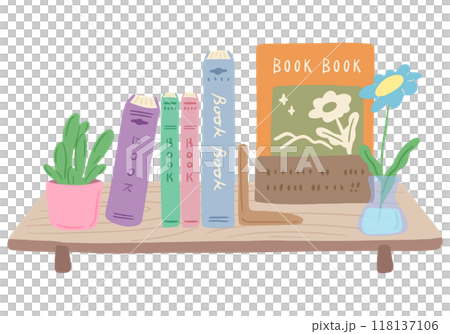 本棚に並んだ本と鉢植え、かわいい手描きのイラスト 118137106
