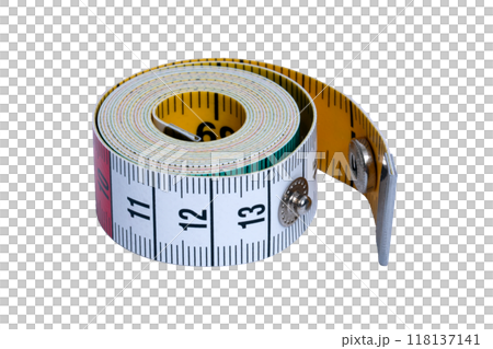 Tailor's tape measure rolled into a roll isolated on a transparent background. Sewing accessories 118137141