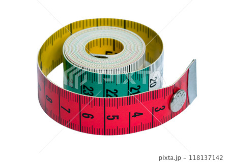 Tailor's tape measure rolled into a roll isolated on a transparent background. Sewing accessories 118137142