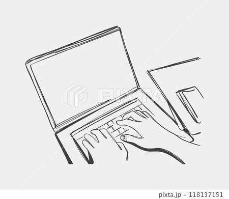 Line Drawing of Hands Typing on Laptop Keyboard 118137151
