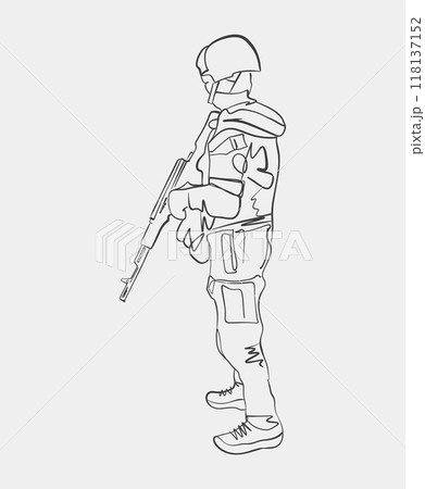 Line Drawing of Armed Soldier in Combat Gear Line Drawing of Armed Soldier in Combat Gear 118137152