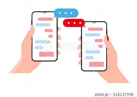 Hands holing smartphone with speech bubble. Using smart phone for text messaging Hands holing smartphone with speech bubble. Using smart phone for text messaging 118137346