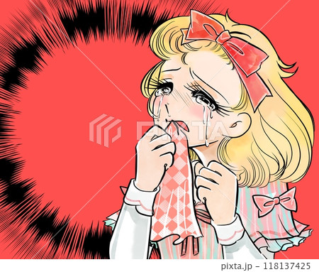 70年代少女漫画風、失恋してハンカチを噛む金髪縦ロール姿のお嬢様と集中線 70年代少女漫画風、失恋してハンカチを噛む金髪縦ロール姿のお嬢様と集中線 118137425