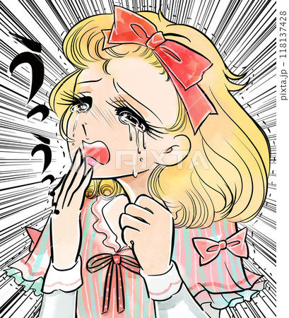 70年代少女漫画風、失恋して大粒の涙を流す金髪縦ロール姿のお嬢様と集中線 118137428
