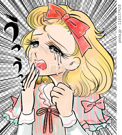A 70s-style girl's manga, with a blonde lady with vertical curls crying tears of broken love and concentrated lines 118137428