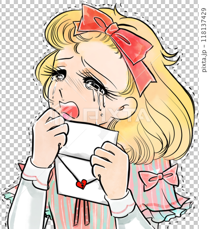 A young lady with blonde curls in the style of a 1970s shojo manga, shedding tears over a rejected love letter A young lady with blonde curls in the style of a 1970s shojo manga, shedding tears over a rejected love letter 118137429