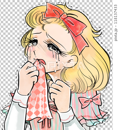 70s style girl manga, a young lady with blonde hair and vertical rolls biting a handkerchief after a broken heart, with a transparent background 70s style girl manga, a young lady with blonde hair and vertical rolls biting a handkerchief after a broken heart, with a transparent background 118137433