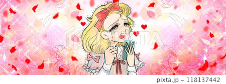 70年代少女漫画風、携帯を片手に失恋して大粒の涙を流す金髪縦ロール姿のお嬢様のワイドサイズ 118137442