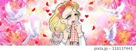 70年代少女漫画風、感激して大粒の涙を流す金髪縦ロール姿のお嬢様と薔薇と白い鳩が舞う背景 118137443
