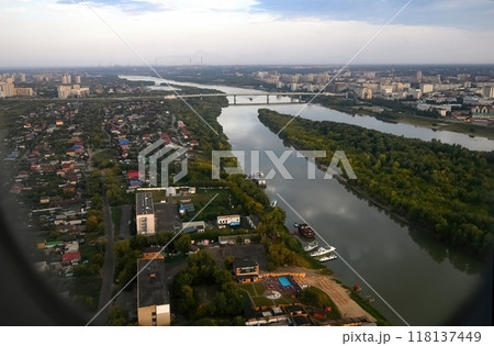 View from the plane when landing on an industrial city 118137449